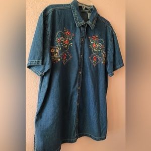 Vintage Y2K Bobbi Brooks floral embroidered denim button down blouse size 14/16